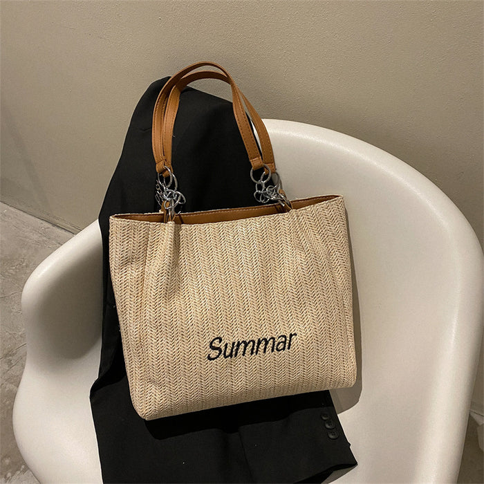 Wholesale Large capacity fashionable woven letter tote bag, trendy casual commuting shoulder bag