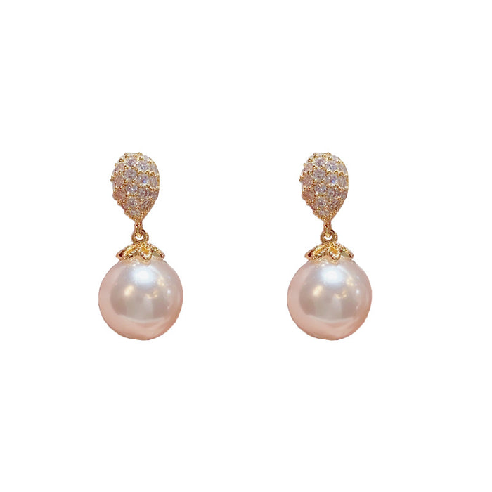 Wholesale Copper Micro Inlaid Zircon Teardrop Pearl Earrings JDC-ES-HanDu007