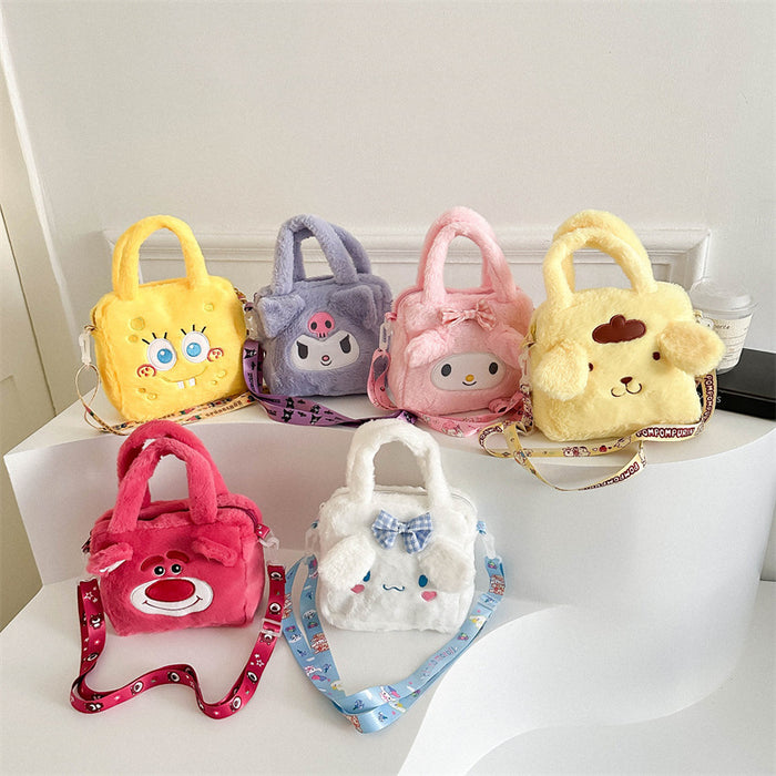 Wholesale Cute cartoon plush shoulder bags in various colors.
