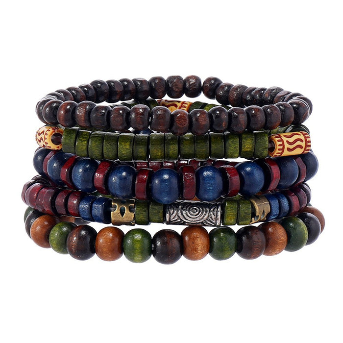 Wholesale New Retro Style Wooden Beads Turquoise Alloy Accessories Mixed Bracelets Men's Beaded Bracelet Set JDC-BT-XH005