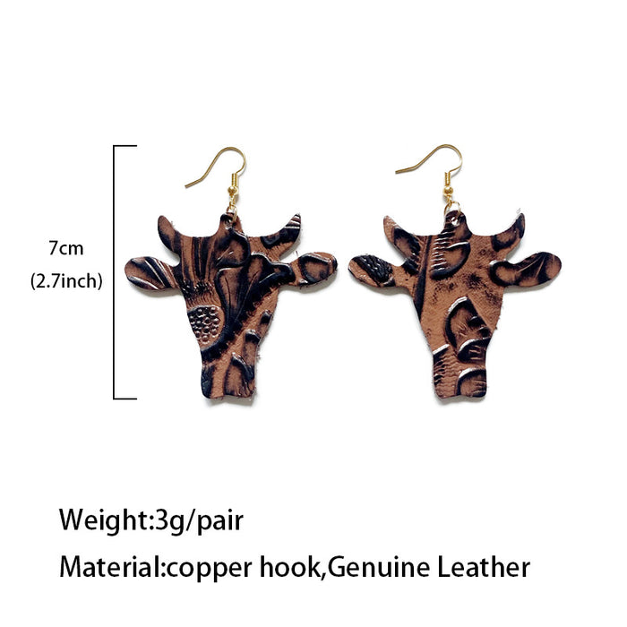 Wholesale Western genuine leather earrings European and American retro cow head cowhide embossed earrings