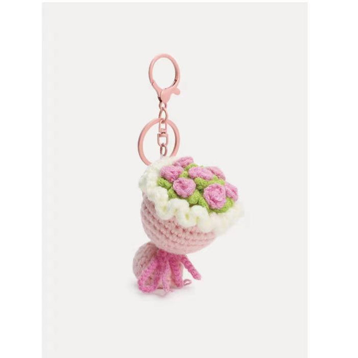 Wholesale Woven Holding Flower Keychain Rose Bouquet Bag Pendant Schoolbag Hanging