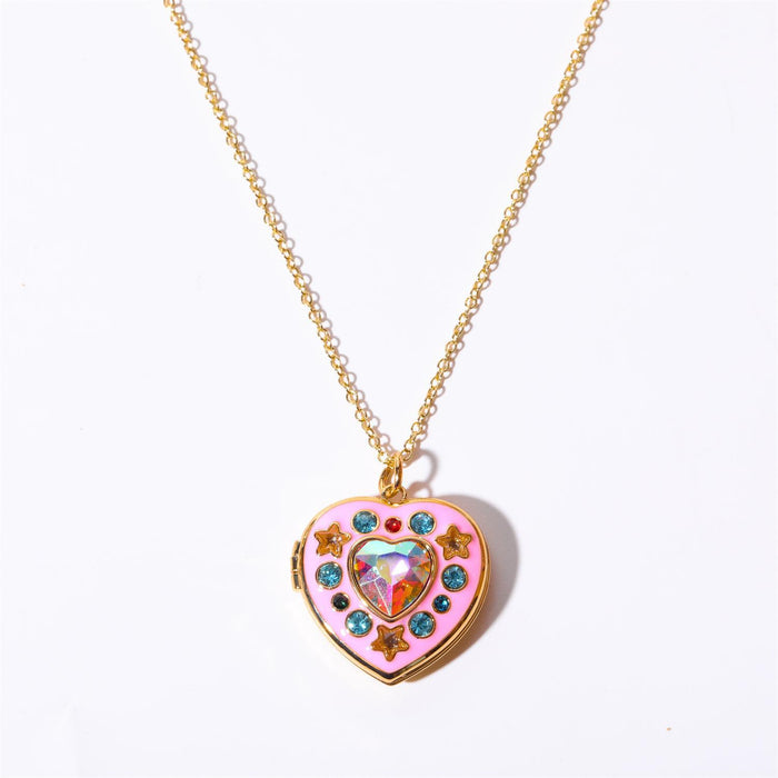 Wholesale Valentine' s Day Heart-Shaped Colorful Diamond-Studded Opening and Closing Photo Frame Necklace