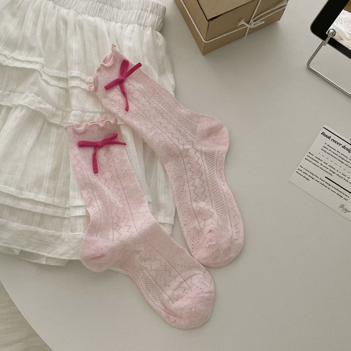 Wholesale Bow shaped mid tube socks with thin hollow mesh breathable stacking socks
