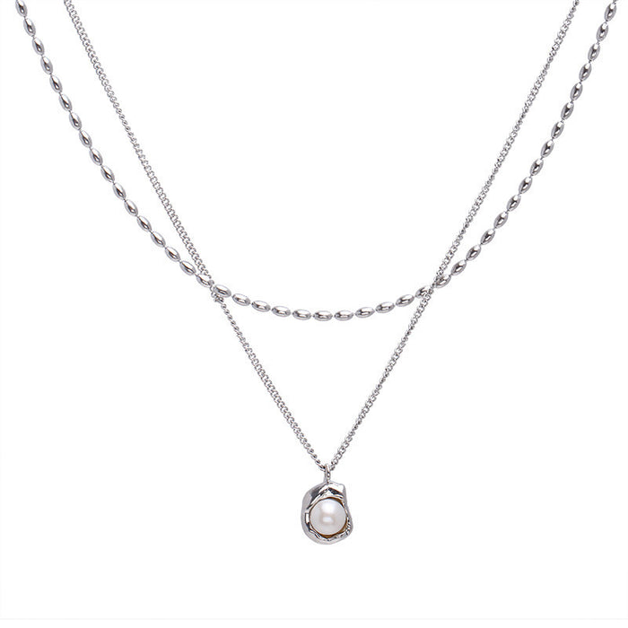 Wholesale Zircon pearl pendant, double-layer layered collarbone chain, high-end, light luxury, fashionable, personalized necklace accessories