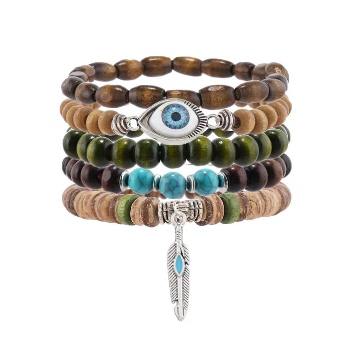 Wholesale Evil eye turquoise and feather 5-piece set wooden bead stretch bracelet