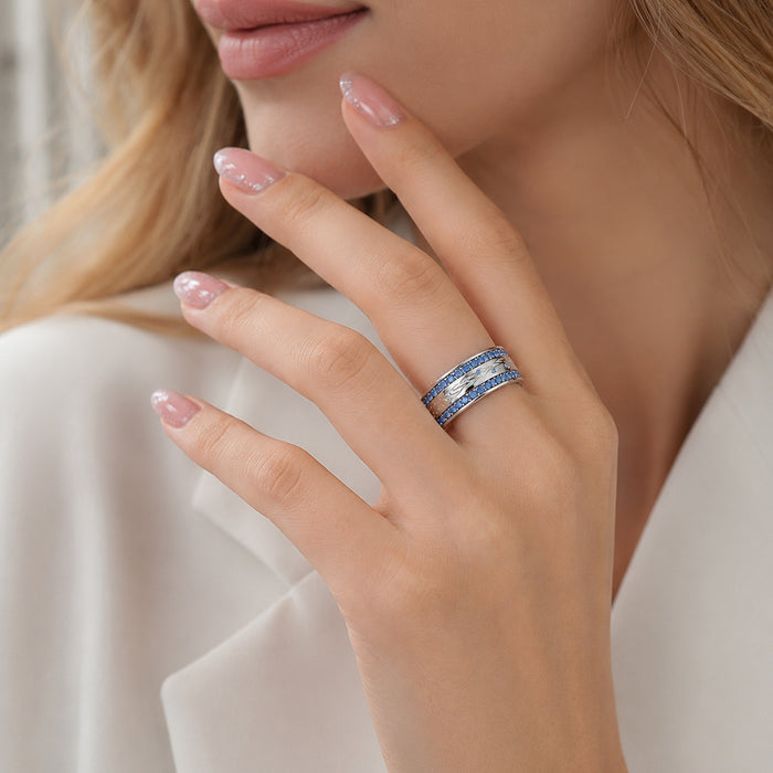 Wholesale Retro Carved Wide Band Ring Gold Stainless Steel Blue Tone Fashion Accessory