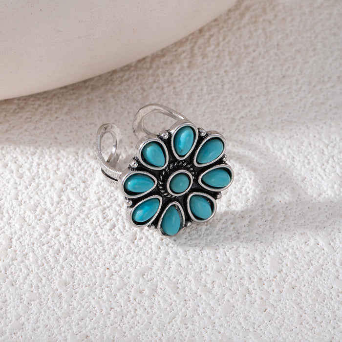 Wholesale Ethnic Style Flower Turquoise Adjustable Ring