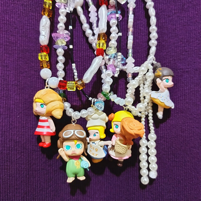 Wholesale Crystal Beaded Cute Bubble Mart Cute Ballet Croissant Doll Short Necklace Necklace for Women