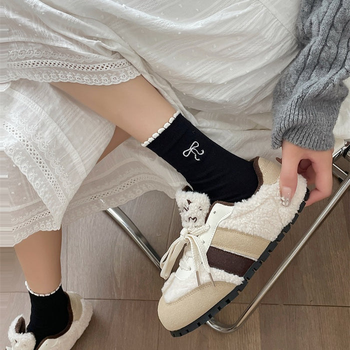 Wholesale Bow Bubble Mouth Lace Socks Breathable, Sweat Absorbing, Odorous proof Socks Mid Socks