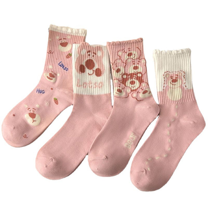 Wholesale Pink Socks Women's Mid-barrel All-match Autumn and Winter Cute Bear Sweet All-match Student Sports Stockings