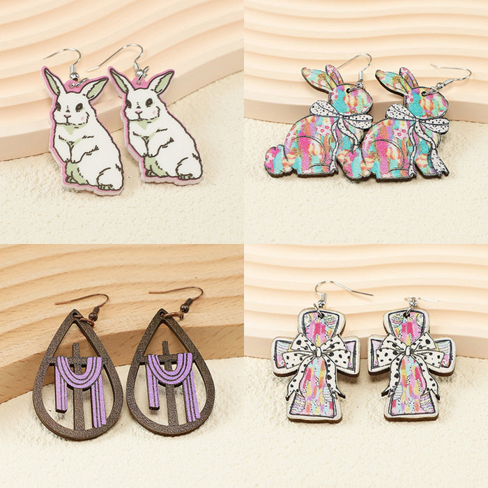 Wholesale Easter Retro Old Rabbit Hollow Cross Bow Women' s Acrylic Wooden Earrings