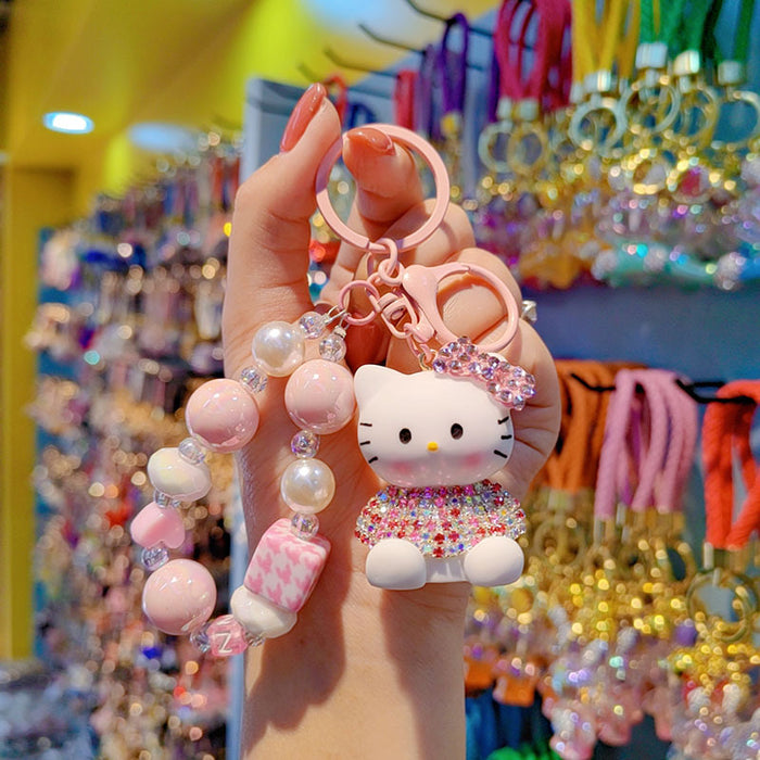 Wholesale Czech Rhinestone Cartoon Cat Keychain Cute Ladies Beaded Bag Charm Phone Pendant Car Key Accessory