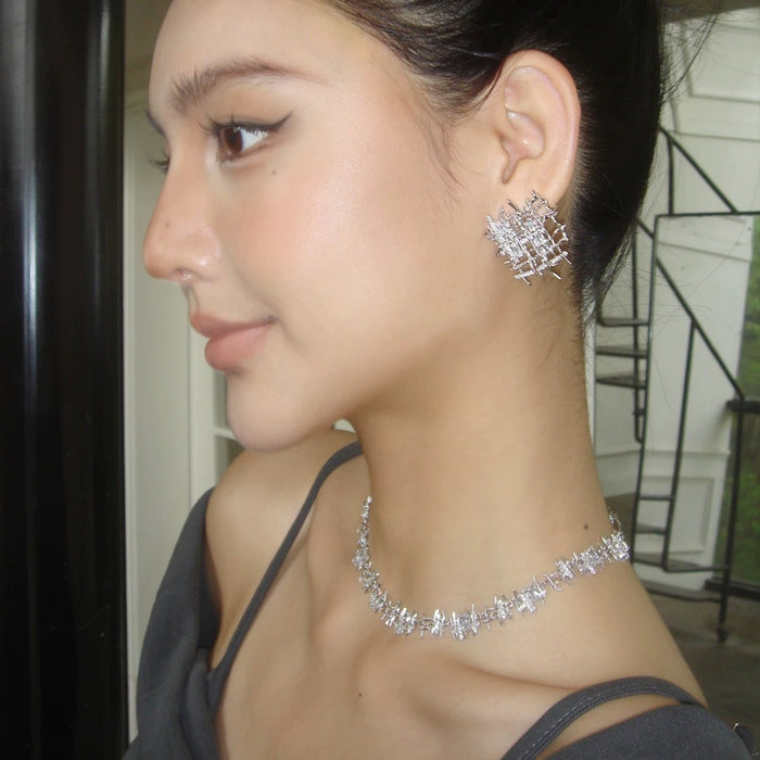 Wholesale Vintage woven zircon necklace earrings with irregular design for women, silver metal earrings, collarbone chain