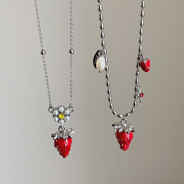Wholesale Red Enamel Strawberry and Pearl long Necklace