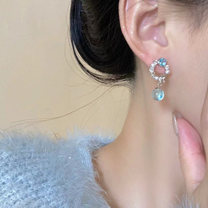 Wholesale Blue Crystal Micro-set Zircon Pearl Stud Hoop Earrings
