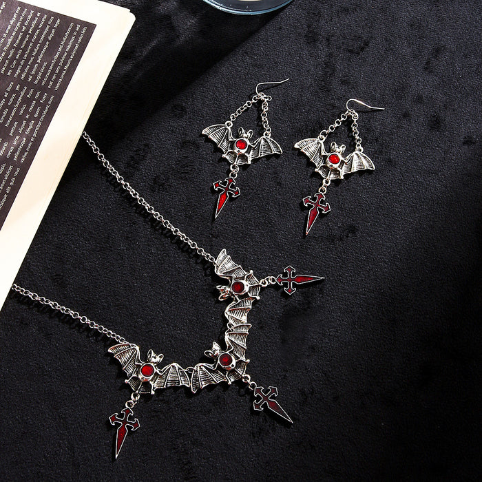 Wholesale Gothic Bat Earrings and Cross Pendant Necklace Set Red Drop Design Alloy Jewelry