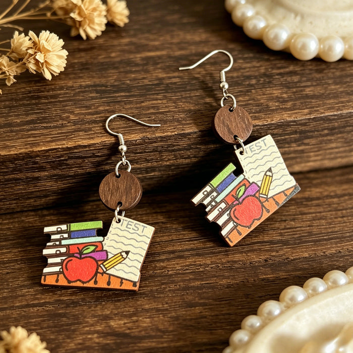 Wholesale Book and Pencil Wooden Earrings Teacher Theme Trendy Jewelry Accessory