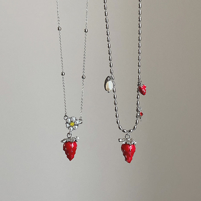 Wholesale Red Enamel Strawberry and Pearl long Necklace