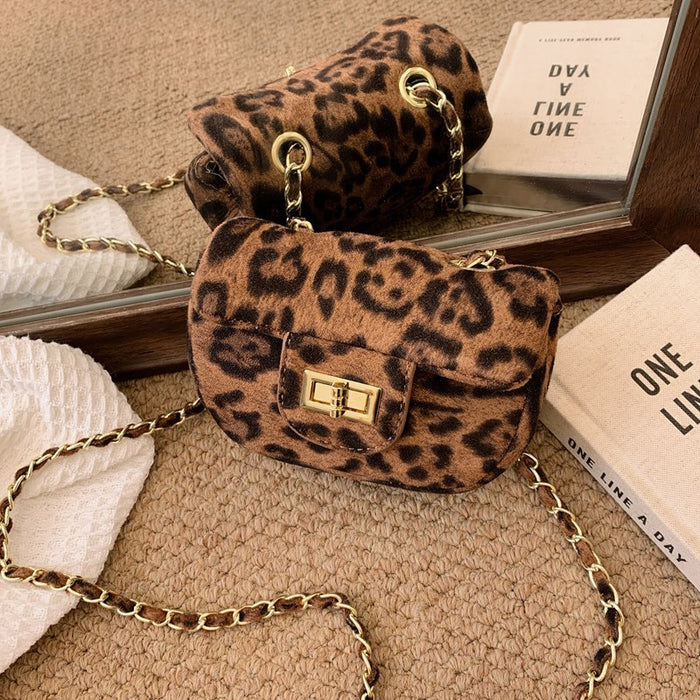 Wholesale Little -style chain crossbody bag,  versatile diamond-patterned leopard print velvet small coin purse for children and babies