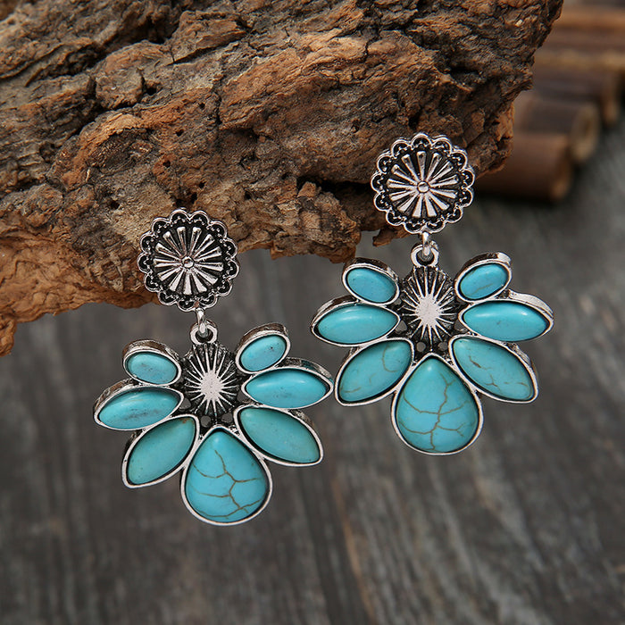 Wholesale New Vintage Flower Water Drop Turquoise Earrings Personalized Jewelry