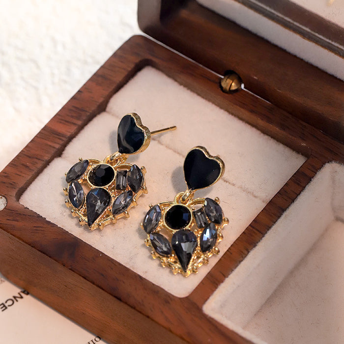 Wholesale Black rhinestone heart-shaped earrings