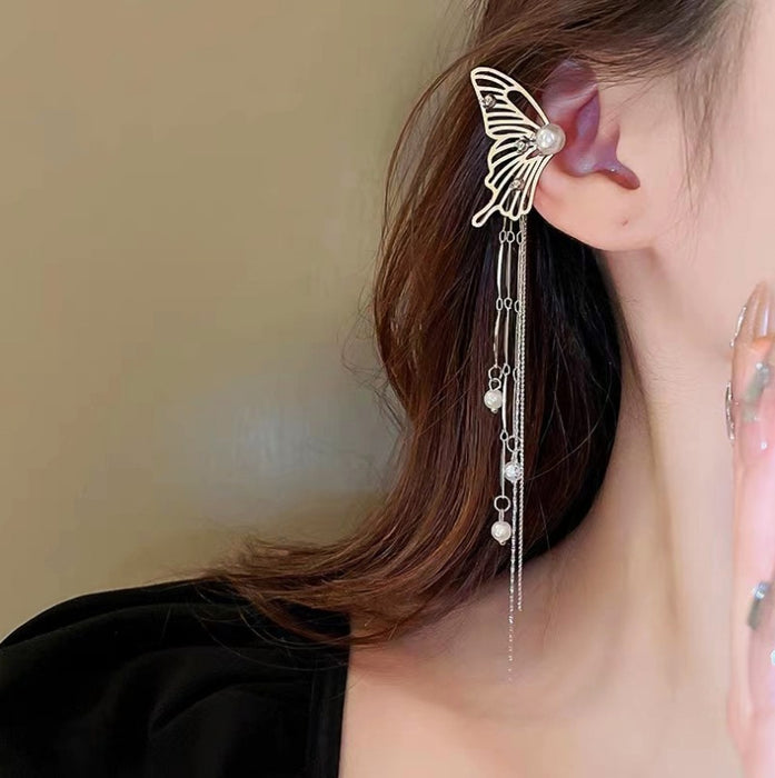 Wholesale Hollow out butterfly earrings, new trendy style, pearl tassel ear bone clip, high-end feeling, light luxury earrings