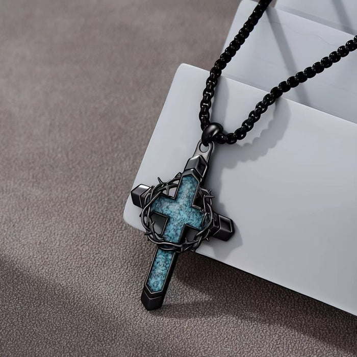 Wholesale Vintage Cross n Wreath Turquoise Pendant Necklace For Men Black Zinc Alloy Hip Hop Punk Jewelry Gift