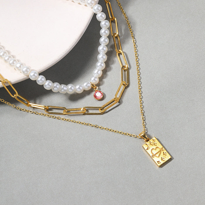 Wholesale Jewelry Pearl Multi layer Necklace Light Luxury Love Square Pendant