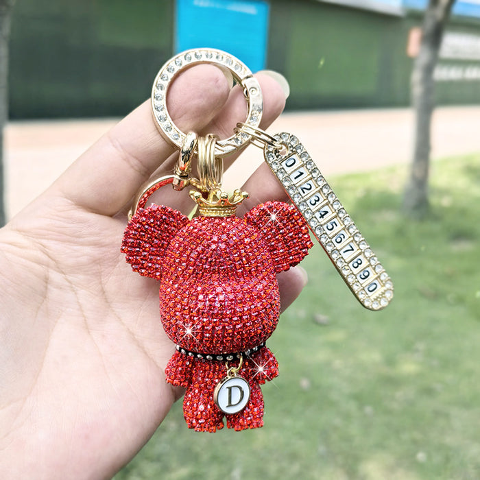 Wholesale Car Keychain Full Diamond Cartoon Big Head Bear Key Chain Letter Cartoon Exquisite Girl Key Pendant Gift