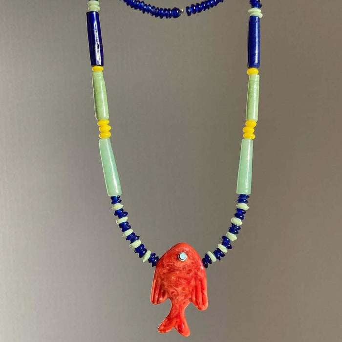 Wholesale Summer Ocean Fish Design Glass Pendant Necklace Electroplated Trendy Collarbone Chain