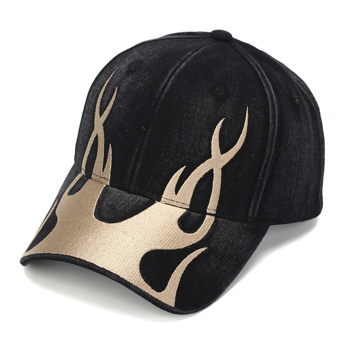 Wholesale Flame Embroidery Washed Baseball Cap Vintage Street Style Curved Brim Hats Unisex