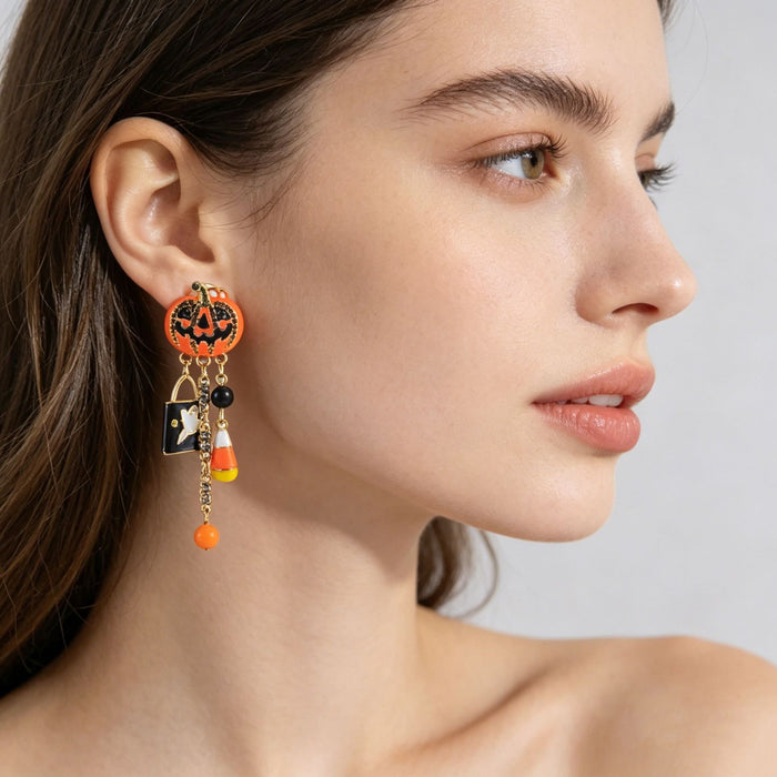Wholesale Electroplated Zinc Alloy  Earrings Pumpkin Skull Ghost Face Tassel Zircon For Boutique Resale