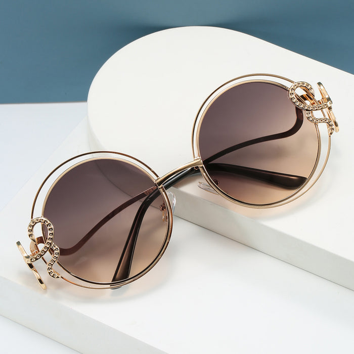 Wholesale Hollow Ocean Piece Color Round Frame Sunglasses Metal Double Loop Retro Sunglasses