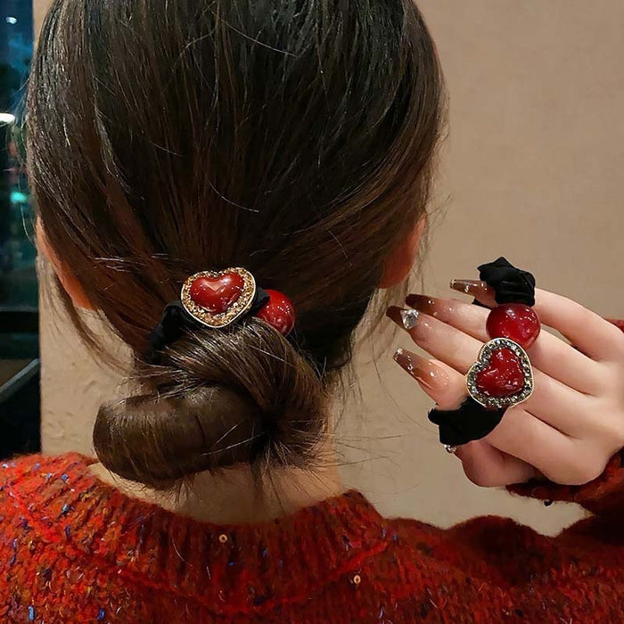 Wholesale All-match Red Love Small Intestinal Hair Loop Women' s Ball Head Peyponytail Hair Rope Headwear