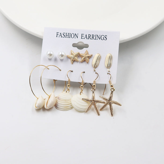 Wholesale New starfish earring set, simple beach style, shell pearl 6-piece set
