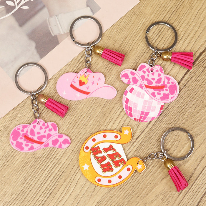 Wholesale keychain retro western do old cactus love cowboy hat cow zebra hoof pink tassel
