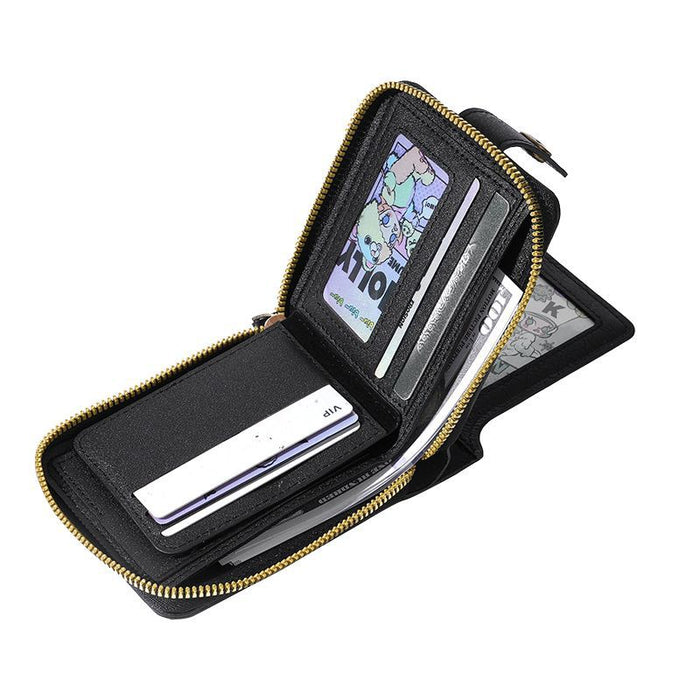 Wholesale Men' s PU Leather Retro Wallet with Car ing Zipper Closure and Coin Pocket