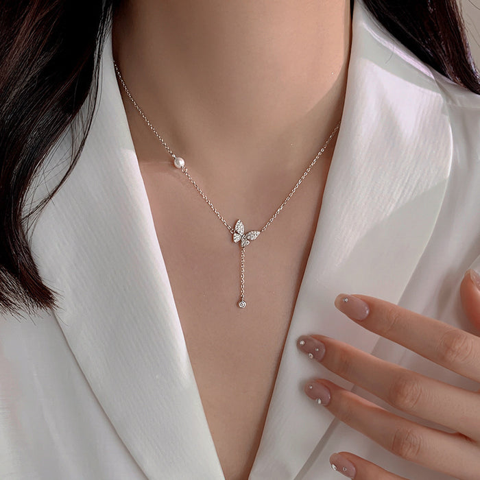 Wholesale Full Diamond Butterfly Tassel Necklace Women's Collarbone Chain Necklace Jewelry