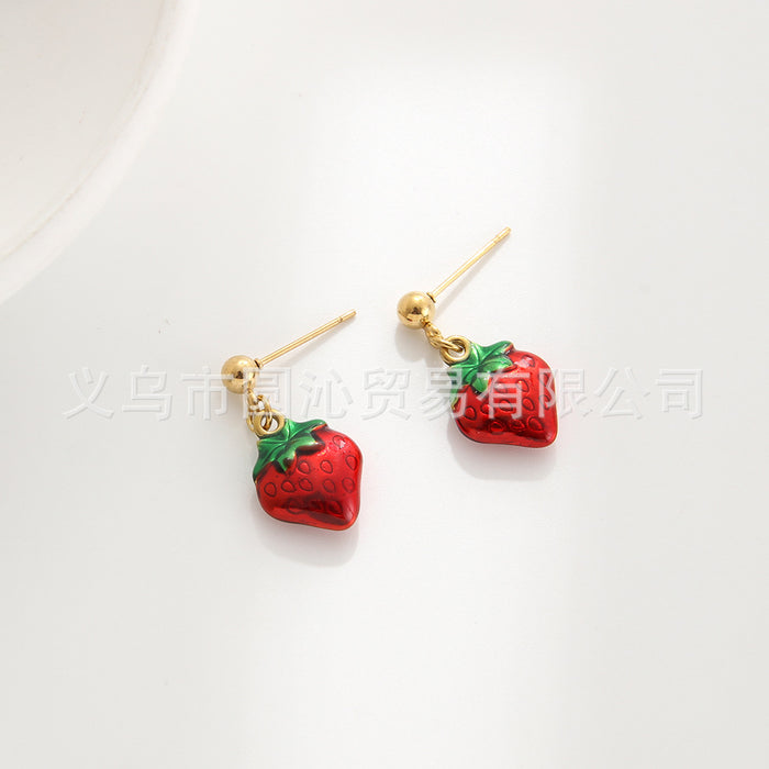 Wholesale Sweet fruit series strawberry cherry oil drop pendant stainless steel earrings necklace jewelry suit