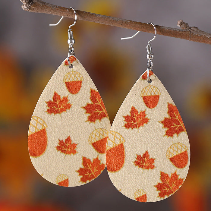 Wholesale Thanksgiving turkey pumpkin maple leaf water drop pu leather earrings