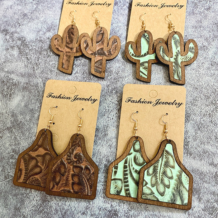 Wholesale Genuine leather earrings cowhide embossed cow brand cactus inlaid Western retro wood earrings