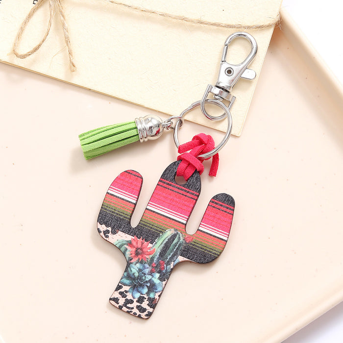 Wholesale Wooden Cactus Leopard Flower Rainbow Sunflower Stripe Print Keychain JDC-KC-YiTian018