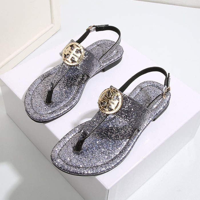 Wholesale Crystal Sequin Simple Low Heel Flat Large Size Sandals JDC-SD-ChengMei001