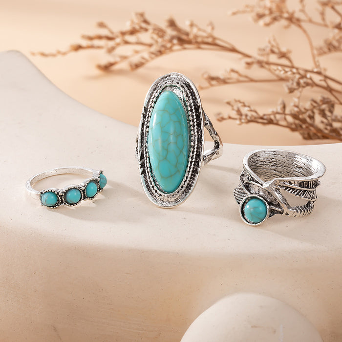 Wholesale retro bohemian feather large turquoise ring set