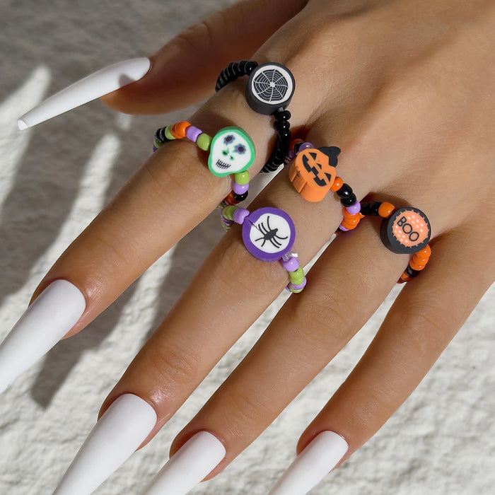 Wholesale Resin  Pumpkin Beaded Ring Set - Funny Skull  Design Unisex Fashion Accessory MOQ≥2