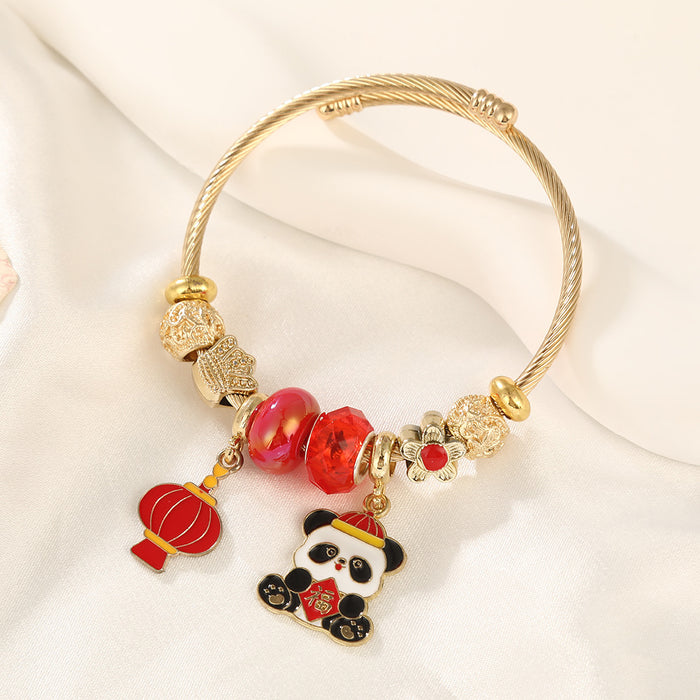 Wholesale Stainless Steel Cartoon Panda Bracelet with Red Lantern Pendant MOQ≥2