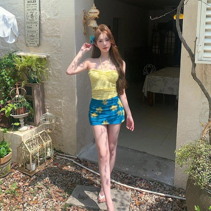 Wholesale Bikini Island Swimsuit with Hanging Neck Tank Top and Printed Two Piece Set