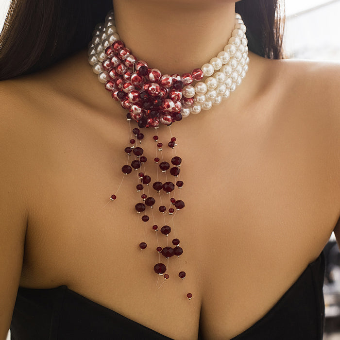 Wholesale jewelry round beads necklace vintage gothic style blood drop tassel imitation pearl necklace