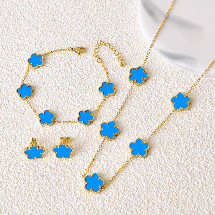 Wholesale Stainless Steel Five-Leaf Clover Bracelet Necklace Earring Set